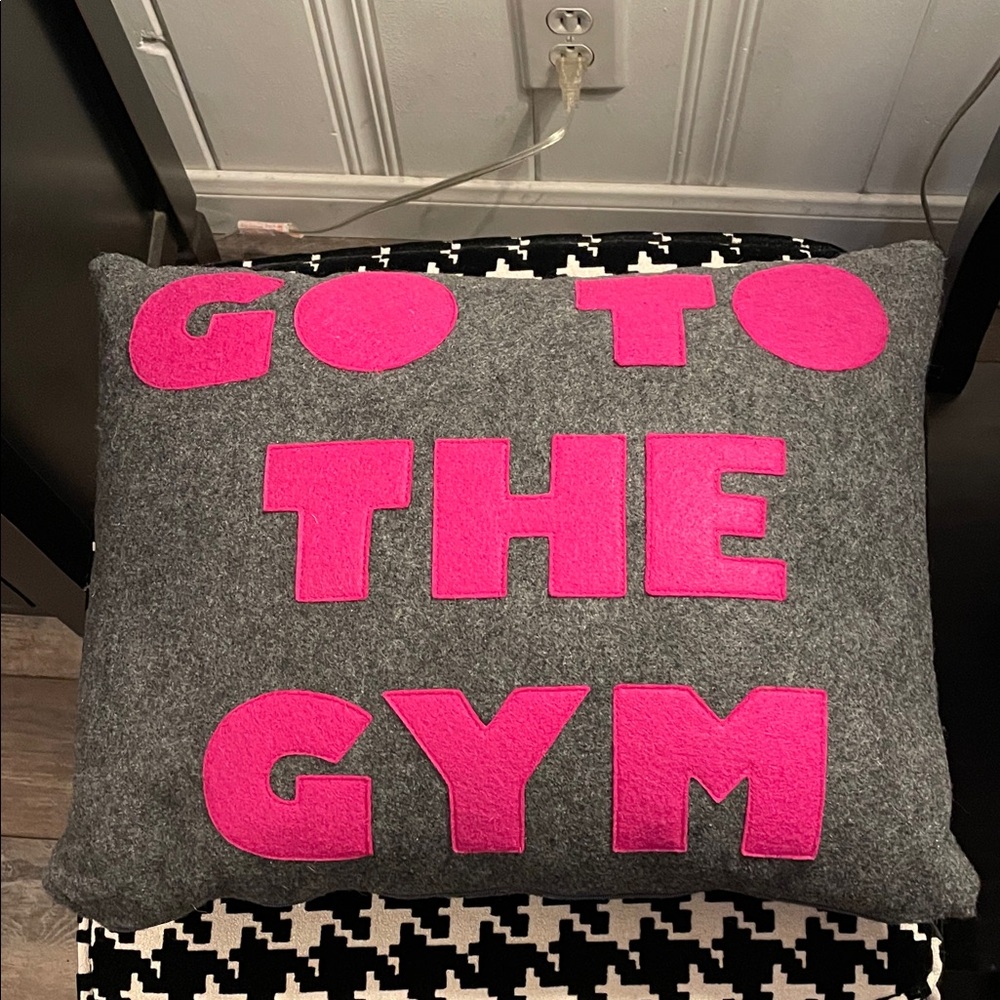 Fabulous Alexandra Ferguson Gray Accent Pillow with Pink GO TO THE GYM Appliqué